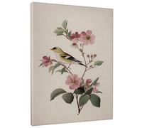 Spring Goldfinch Flower Canvas Wall Art, Soft Peach Floral Bird Poster Prints, Nature Inspired Home Decor for Living Room, Bedroom, Wrapped Canvas 8x12 Inch