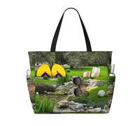 Spring Grass Print Large Waterproof Beach Tote Bag for Women with Zip and Pockets Foldable Handbag for Travel Pool Shopping Holiday Gym