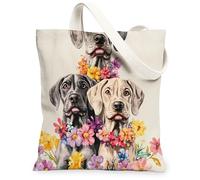 Spring Great Dane Dog Canvas Tote Bag for Shopping 13 * 15, Funny Fun Flower Floral Reusable Grocery Bag for Women, Pet Work Travel Painting Gift Decor