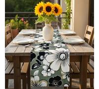 Spring Green Flowers Table Runner 16x72 inch Retro Country White Black Floral Leaf Cotton Linen Dining Table Runner Ideal for Dresser Kitchen Coffee Tables - Machine Washable