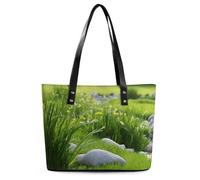 Spring Green Grass Leather Tote Bag for Women Work Shoulder Purses with Zipper Waterproof Large Computer Shoulder Bag Fashion Ladies Shoulder Handbag Reusable Shopping Bags