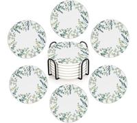 Spring Green Leaves Plants 6Pack Ceramic Drink Coasters,Quick-Absorb Stone Coasters with Anti-Slip Cork Backing & Metal Holder, Table Protectors for Kitchen Bar