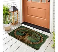 Spring Green Relief Tree of Life Front Black Door Mat Outside Inside Entrance 29 * 17, 3D Aesthetic Retro Outdoor Indoor Non Slip Doormat, Small 70S Shoes Off Doormat for Patio Interior Garage