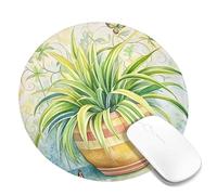 Spring Green Watercolor Plant Mouse Pad, Yellow Striped Pot Decorative Mousepad, Non-Slip Washable Gaming Mouse Pad for Home and Office Computer, Laptop Round 8x8 Inch