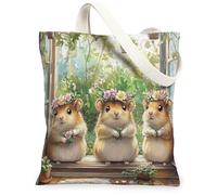 Spring Hamster Canvas Tote Bag for Shopping 13x15, Window Potted Plant Animal Reusable Grocery Print Pattern Bag for Women, Fun Scenic Aesthetic Painting Gift Decor