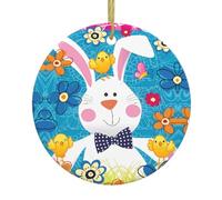 Spring Happy Easter Holiday Print Christmas Tree Ceramic Hanging Decorative Ornaments – Round Keepsake for Xmas, Home Party, Holiday