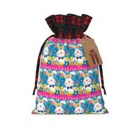 Spring Happy Easter Holiday Printing Color Matching Plaid Drawstring Christmas Bag With Kraft Tag 4.7x6.9 In For Halloween