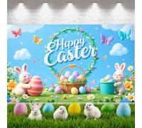 Spring Happy Easter Photo Backdrops,8x6FT Flower Bunny Eggs Basket Green Grass Banner with Rope Spring Rabbit Eggs Party Decorations Background for Easter Outdoor Indoor Party Decor Photo Props