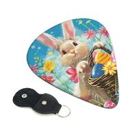 Spring Happy Festival Holiday Printed Guitar Picks, 6 Pack with Leather Keychain Pick Holder - 0.46mm, 0.71mm, 0.96mm Assorted Thickness for Acoustic Ukulele, Electric Guitar, Acoustic Guitar, Bass