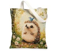 Spring Hedgehog Canvas Tote Bag for Shopping 13 * 15, Cute Bluebird Forest Reusable Grocery Shoulder Bag for Women, Animal Painting Gift Decor