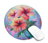 Spring Hibiscus Floral Desk Mouse Pad, Vibrant Red Peach Flowers Stitched Edge Mat, Rubber Non-Slip Washable Gaming Mouse Pad for Home and Office Computer, Laptop Round 8x8 Inch