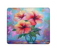 Spring Hibiscus Floral Desk Mouse Pad, Vibrant Red Peach Flowers Stitched Edge Mat, Rubber Non-Slip Washable Gaming Mouse Pad for Home and Office Computer, Laptop Square 8x10 Inch