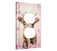 Spring Highland Cow Light Switch Cover Plates/Outlet Covers, Pastel Peach Floral Wall Accents, Farmhouse Horned Animal Decor, Thermoplastic Standard Size Single Duplex Outlet