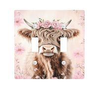Spring Highland Cow Light Switch Cover Plates/Outlet Covers, Pastel Peach Floral Wall Accents, Farmhouse Horned Animal Decor, Thermoplastic Standard Size Double Toggle