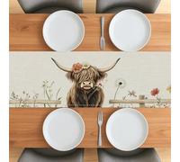 Spring Highland Cow Table Runner 13''x60'' for Living Room, Fun Farmhouse Animal Small Short Dining Burlap Table Runner, Farm Country Flowers Pattern Decor for Home Kitchen Party