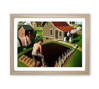 Spring In Town By Grant Wood Classic Painting Framed Wall Art Print, Ready to Hang Picture for Living Room Bedroom Home Office Décor, Oak A3 (46 x 34 cm)