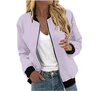 Spring Jackets for Women Uk Clearance, Women's Jackets Full Zip Spring Autumn Bomber Jacket Fashion Solid Slim Fit Casual Light Weight Jacket with Pockets Mothers Day Gifts,Light Purple,S,U291K