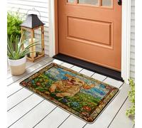 Spring Labrador Retriever Dog Front Black Door Mat Outside Inside Entrance 29 * 17, Fun Puppy Stained Glass Outdoor Indoor Ultra Thin Doormat, Small Pet Shoes Off Doormat for Patio Interior Garage