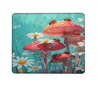 Spring Ladybug Mushroom Desk Mouse Pad, Peach Red Fungi with Daisies Edge-Stitched, Rubber Non-Slip Washable Gaming Mousepad for Home and Office Square 8x10 Inch