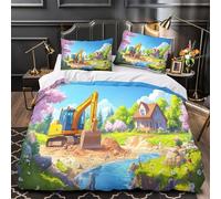 Spring landscape 3D Printed Comforter Cover 3pcs Microfibre Skin-Friendly Stain Cartoon village scene Duvet Cover 2 Pillow Shams Zippered Closure Lightweight Family & Guests Single（140x200cm）