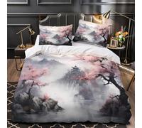 Spring Landscape Duvet Cover 3D Print All Season 3-Piece Bed Set Hidden Zipper Asian Ink Painting Comforter Cover Premium Wrinkle-Resistant for Teens Adults Kids Women Girls Single（135x200cm）