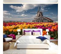 Spring Landscape Murals Photo Wallpaper Flower Tulip Field Non-Woven Premium Art Print Fleece Wall Mural Poster Picture Design Modern Boy Girl Bedroom Home Decor 350 x 256cm