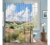 Spring Landscape Shower Curtain with 12 Hooks Pastoral Natural Green Grassland Blue Sky Waterproof Fabric Shower Curtains Sets for Bathroom Bath Decorations, Machine Washable, 72"x72"