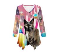 Spring Long Sleeve Shirts for Women V Neck Collage Style Sphere Cat Print Tunic Comfy Breathable Plus Size Loose Fit Long Tops for Ladies Flowy Blouses Black