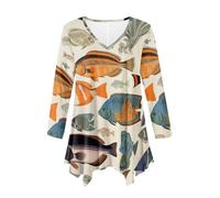 Spring Long Sleeve Shirts for Women V Neck Detailed Illustration Tropical Fish Tunic Comfy Breathable Plus Size Loose Fit Long Tops for Ladies Flowy Blouses Beige