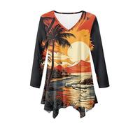 Spring Long Sleeve Shirts for Women V Neck Retro Tropical Palm Tree Beach Sunset Tunic Comfy Breathable Plus Size Loose Fit Long Tops for Ladies Flowy Blouses Orange