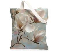 Spring Magnolias Flower Canvas Tote Bag for Shopping 13x15, Modern Marble Floral Reusable Grocery Print Pattern Bag for Women, Luxury Aesthetic Painting Gift Decor