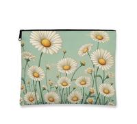 Spring Makeup Bag, Wildflowers Meadow Retro Chic Cosmetic Travel Organizer for Women, Portable Small Canvas Zipper Pouch, Mother's Day Skincare Toiletry Bag, Mint Green, 7x9 Inch, Daisy