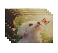 Spring Maltese Dog Placemats Set of 4, 12''x18'', Funny Butterflies 4Pcs Print Washable Table Mats for Dinning, Pet Holiday Home Kitchen Decor
