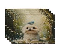Spring Maltese Dog Placemats Set of 4, 12x18 Inch, Cute Bluebird Forest 4Pcs Seasonal Table Mats for Dinning, Pet Holiday Home Kitchen Decor