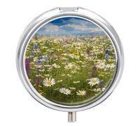 Spring Meadow Flowers Pill Box 3 Compartment Round Small Pill Box for Pocket Purse Metal Travel Pill Case Portable Daily Pill Organizer Cute Compact Medicine Organizer Mini Pill Container