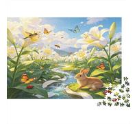Spring Meadow Rabbit 1000 Piece Jigsaw Puzzle Paper for Adults Blooming Flower Stream Nature Scene Family Relaxation Gift 52x38cm/1000pcs