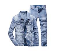 Spring Men Simple Light Blue Ripped Long Sleeve Denim Jacket + Jeans Set Couple Punk Style Slim Denim 2 Piece Set