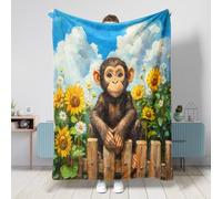 Spring Monkey Throw Blanket 40''x50'', Sunflower Fence Animal Big Small Fuzzy Blanket for Couch Living Room Beach Travel, Fun Farmhouse Scenic Home Sofa Decorations