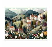 Spring Mountain Village Landscape Wall Art Canvas, Whimsical Cottage Hillside Flowers Artwork for Living Room Bedroom Home Decor 28x40in Unframed