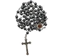 Spring Nahal Catholic Glass Crystal Rosary Necklace - Holy Wooden Beads with Silver Cross for Men and Women - from Jerusalem, Cross Size - 1.5'' x 0.7'', Necklace length 22.8", Zinc, rosa