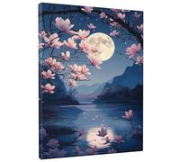 Spring Night Bloom Wall Art, Peach Blue Cherry Blossoms Canvas Decor, Moonlit Landscape Aesthetic for Bedroom, Living Room, Unframed 12x16 Inch