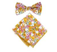 Spring Notion Men's Cotton Floral Print Bow Tie and Pocket Square Set, 68-pink Yellow, One size