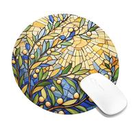 Spring Olive Branch Square Desk Mouse Pad, Yellow Blue Stained Glass Design, Rubber Non-Slip Washable PC Mousepad for Home and Office Round 8x8 Inch