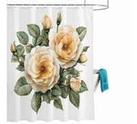 Spring Orange Rose Shower Curtain for Bathroom, Botanical Watercolor Flower Green Leaf White Waterproof Cloth Fabric Bathroom Accessories Set with 12 Rust Proof Plastic Hooks, 72” x 72”