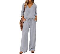 Spring Outfits for Women 2026 Plus Size 3/4 Sleeve V-Neck Soft Touch Henley Tops Wide Leg Drawstring Palazzo Pants Suits Dressy Casual Smart Airport Outfits For Women 2026
