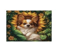 Spring Papillon Dog Jigsaw Puzzles for Adults 300 Piece, Sunflower Leaf Puppy Wooden Puzzles, Fun Plant Pet Printed Decor for Entertainment Creative