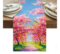 Spring Path Table Runner 13 x 72 Inch, Cherry Blossoms Floral Garden Nature Washable Cotton Linen Dining Table Runner Tabletop Decorations for Restaurant Home Kitchen Party