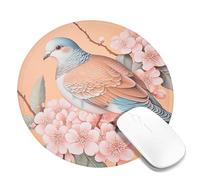 Spring Peach Blossom Dove Mouse Pad, Peach Floral Design Stitched Edge Mousemat, Rubber Non-Slip Washable Gaming Mouse Pad for Home and Office Computer, Laptop Round 8x8 Inch