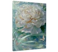 Spring Peony Canvas Wall Art, White Green Floral Butterfly Prints, Abstract Wall Art Home Aesthetic Decor for Living Room, Bedroom, Bathroom, Dorm, Wrapped Canvas 16x20 Inch