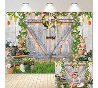 Spring Photo Backdrop Spring Garden Rabbit Eggs Photography Background Rustic Wooden Barn Door Floral Grass Bunny Stand Decoration Pary Supplies Baby Shower Banner Backgrounds 7x5ft
